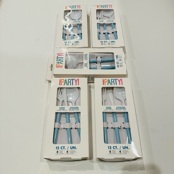 UNIQUE PARTY: 5 Boxes of 12Ct Cutlery Set Blue White Plastic - Picture 3 of 9